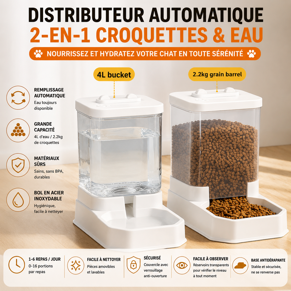 Duo Distributeur de Croquettes et Eau pour Chat
