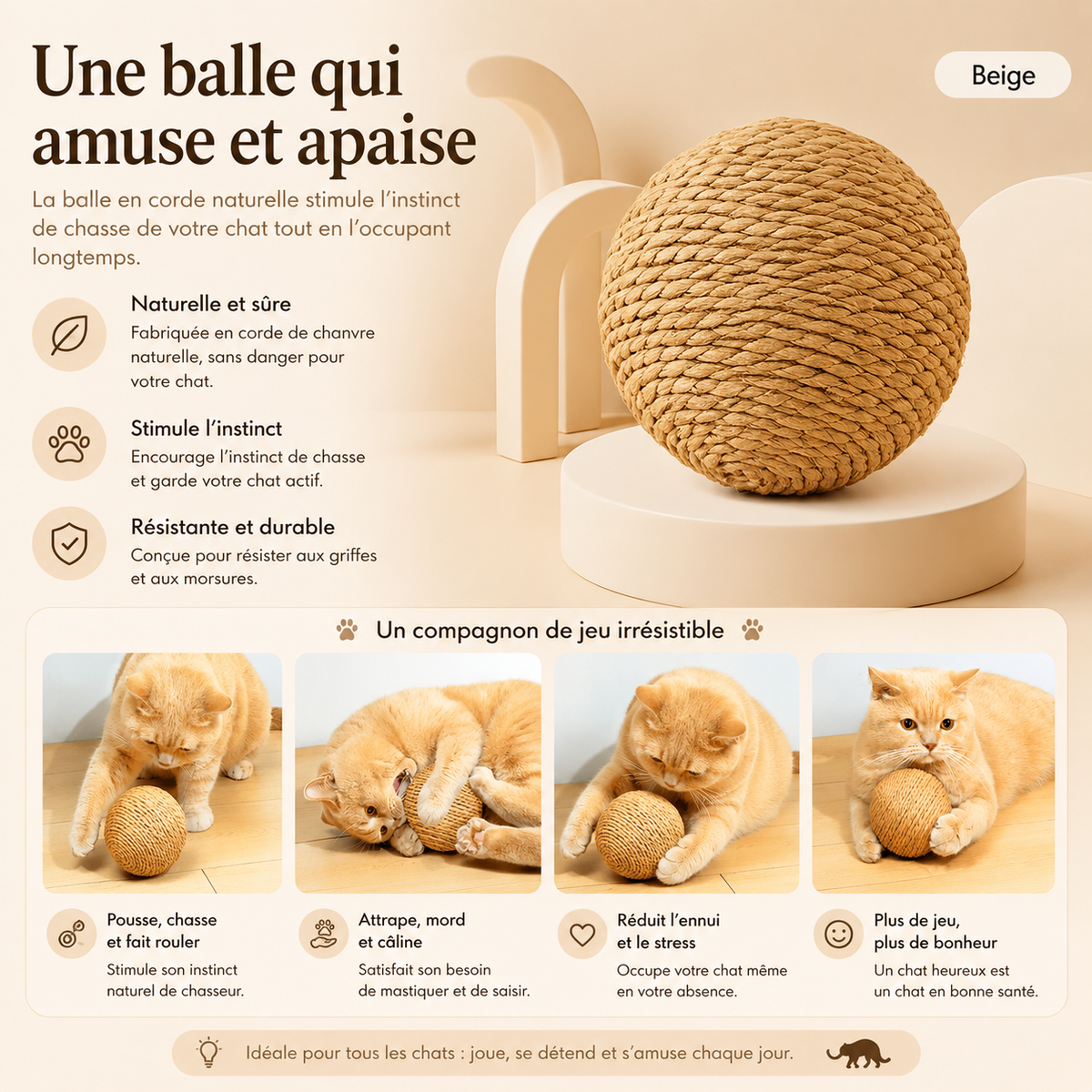 Jouet pour Chat Balle Sisal Sonore Nettoyage des Dents