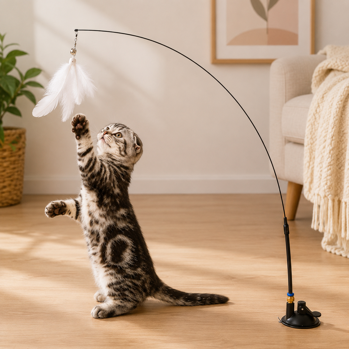 Jouet pour Chat Baguette Plumes Ventouse Mains Libres