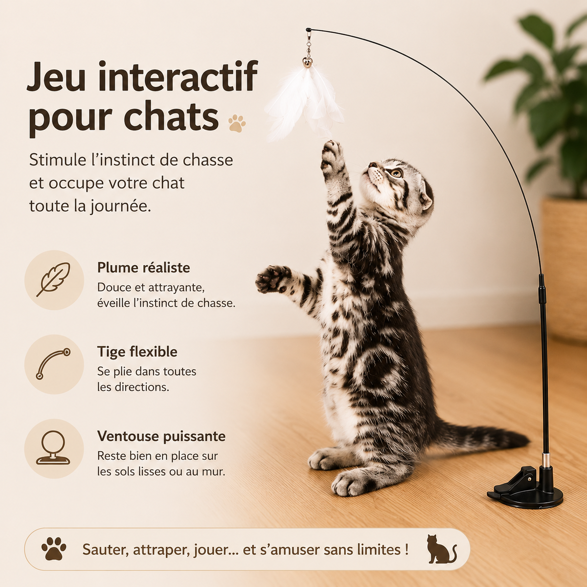 Jouet pour Chat Baguette Plumes Ventouse Mains Libres