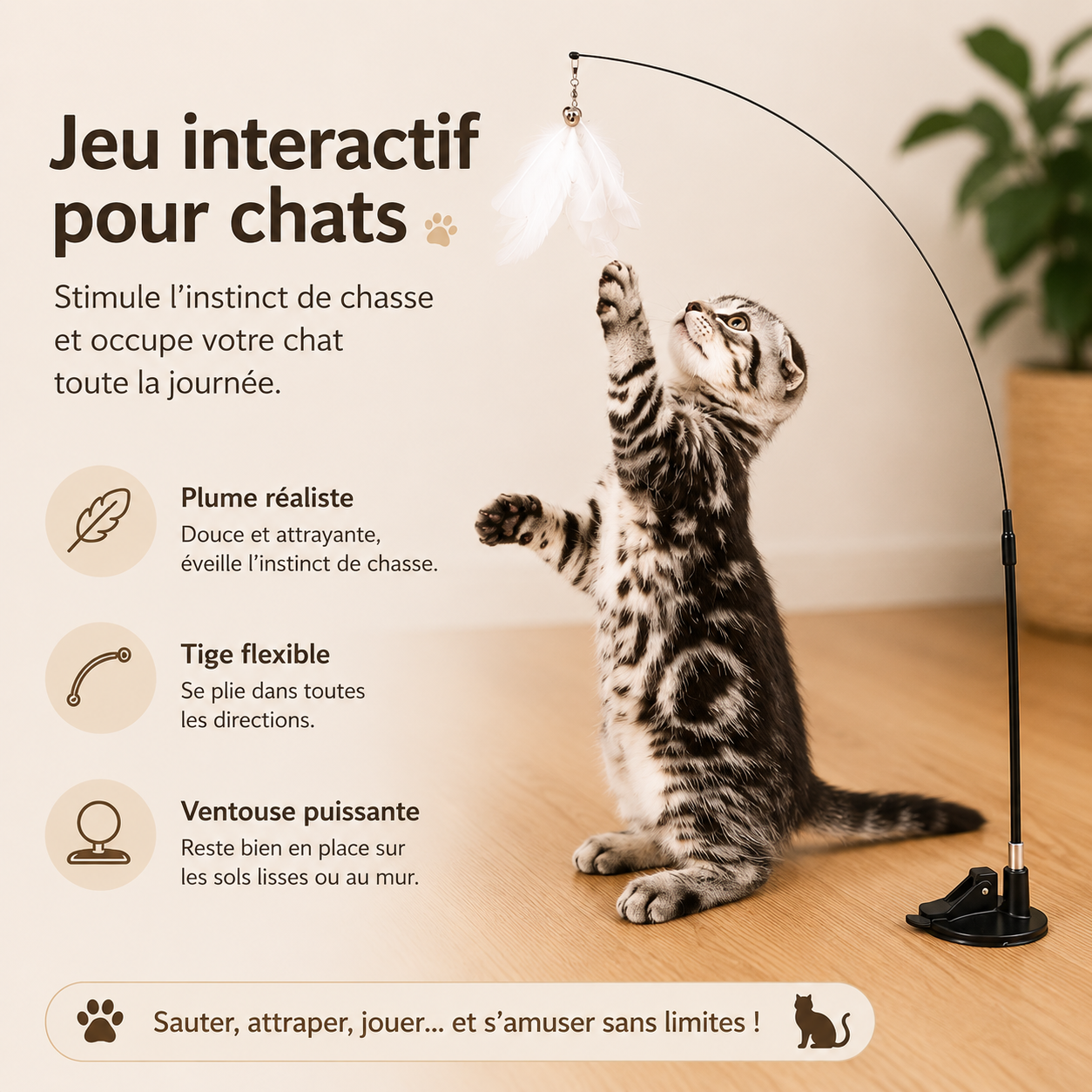 Jouet pour Chat Baguette Plumes Ventouse Mains Libres