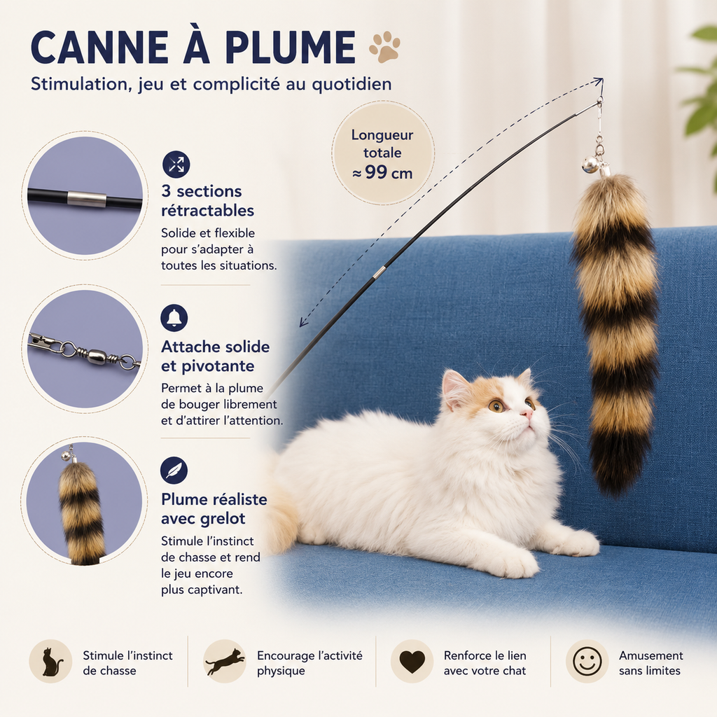 Jouet pour Chat Baguette Plumes Queue de Renard Grelot
