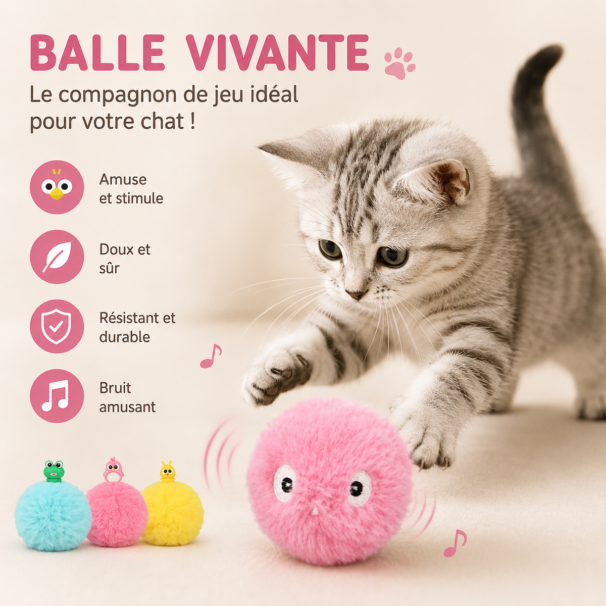 Jouet pour Chat Balle Peluche Sonore Entraînement Interactif