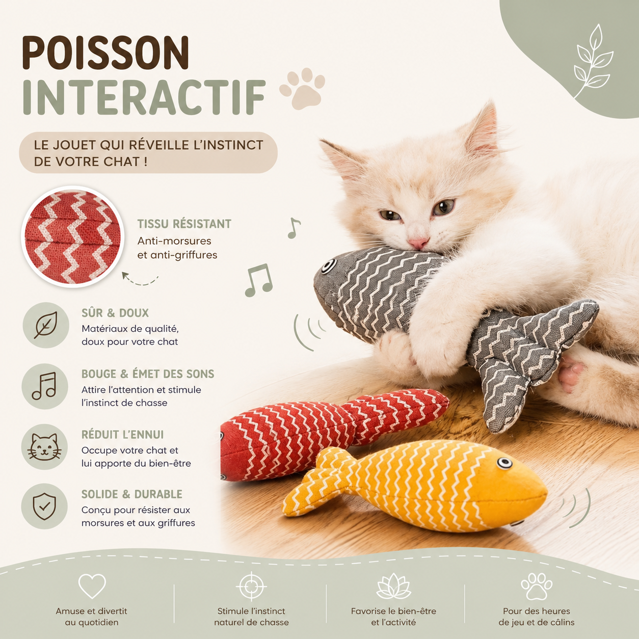 Jouet pour Chat Herbe à Chat Poisson Anti-Morsure Molaire