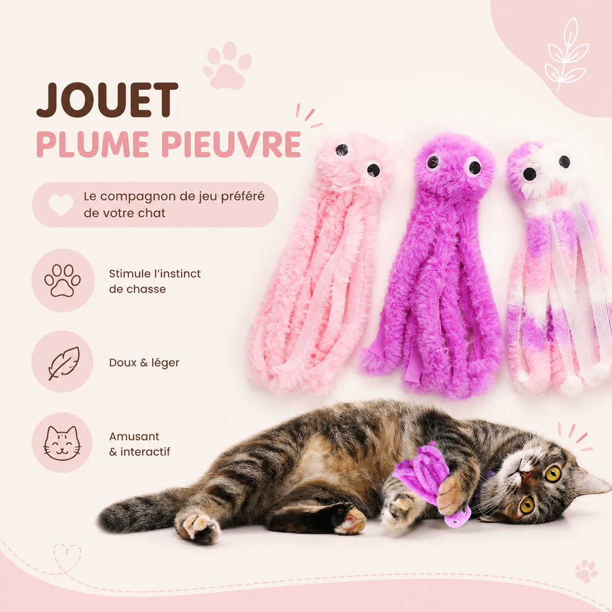 Jouet pour Chat Pieuvre Peluche Anti-Morsure Dentition