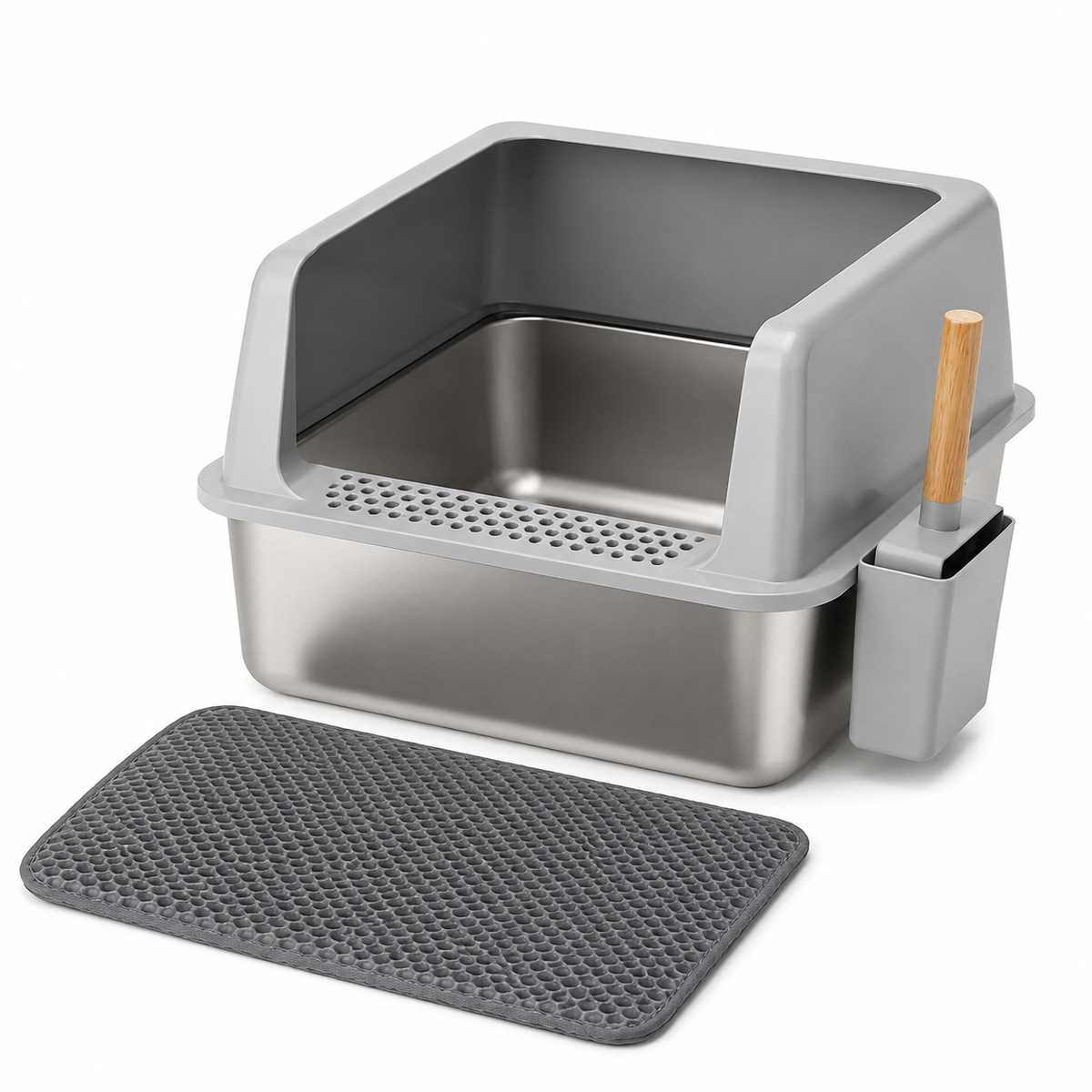 Large Stainless Steel Cat Litter Box High Sided Open Litter Pan with Litter Mat and Scoop for Big Cats Toilets