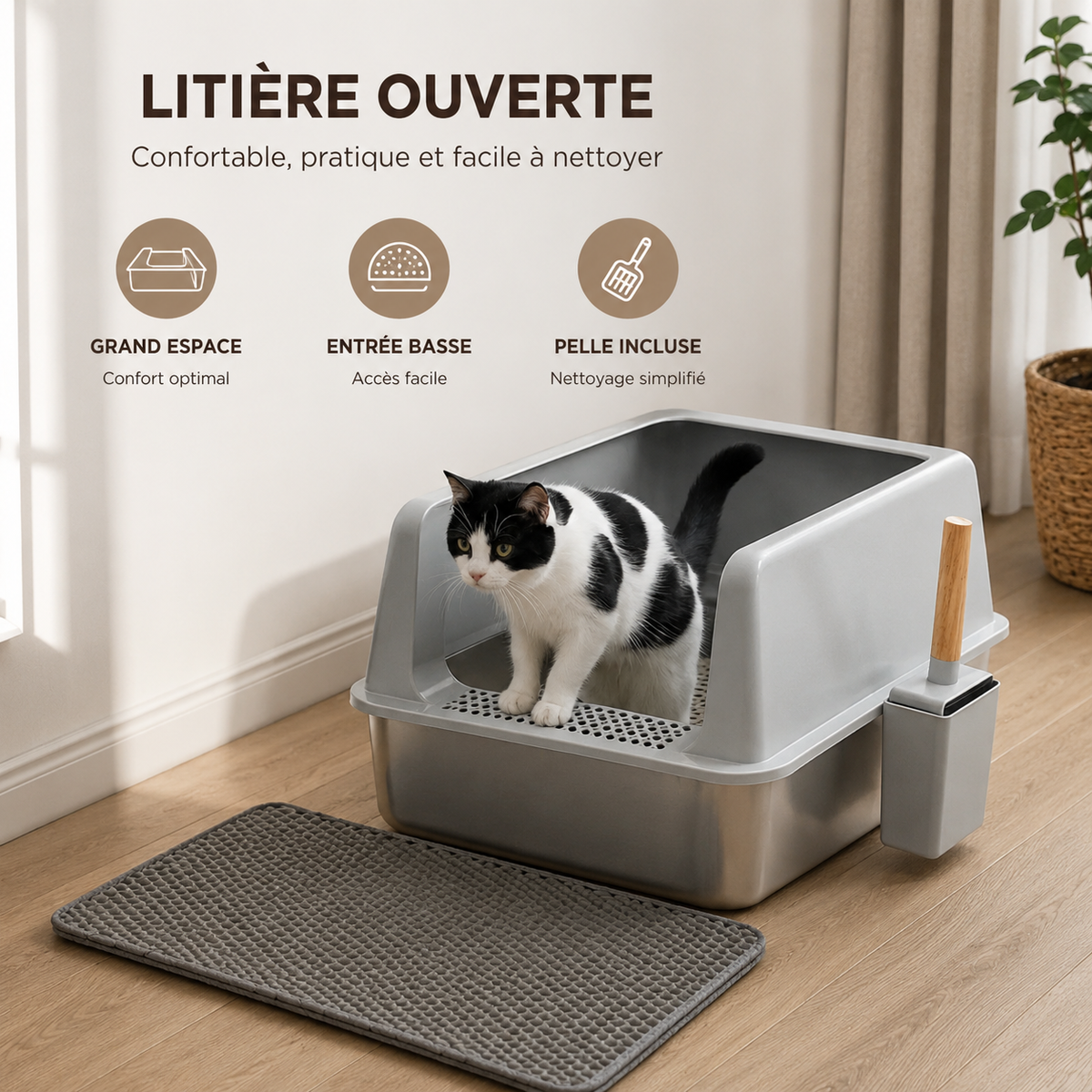 Large Stainless Steel Cat Litter Box High Sided Open Litter Pan with Litter Mat and Scoop for Big Cats Toilets