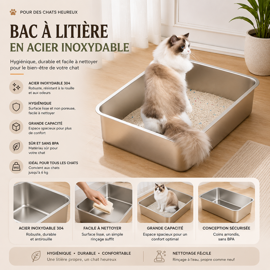Bac à Litière Chat en Acier Inoxydable Grand Format