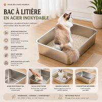 Bac à Litière Chat en Acier Inoxydable Grand Format
