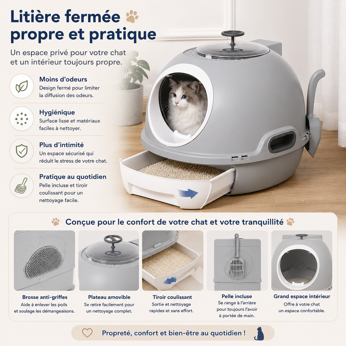 Cat Litter Box Portable Cat Toilet House Sliding Litter Drawer Swing Door Attic Door + Shovel