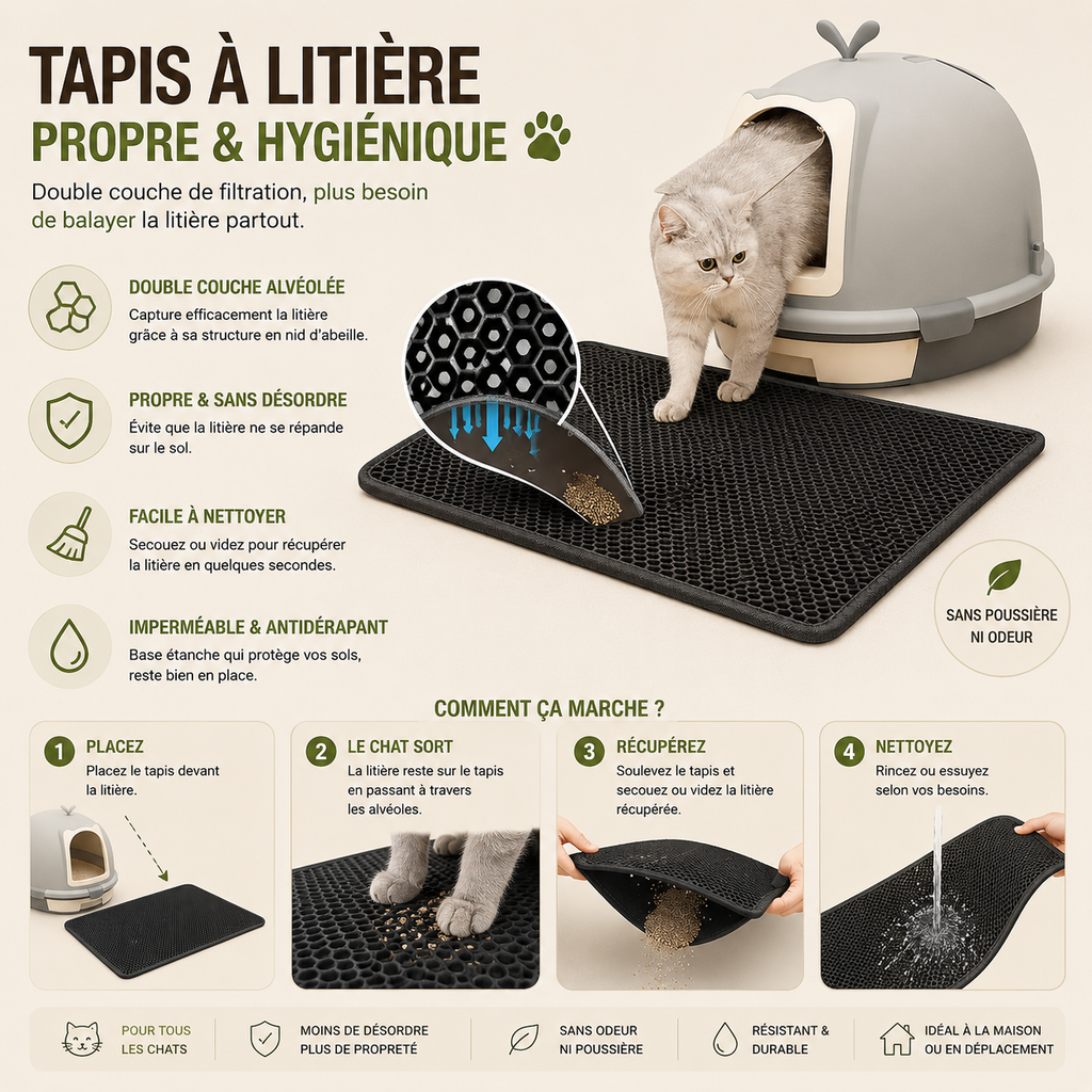 Tapis de Litière Chat Alvéolé Noir Anti-Dispersion