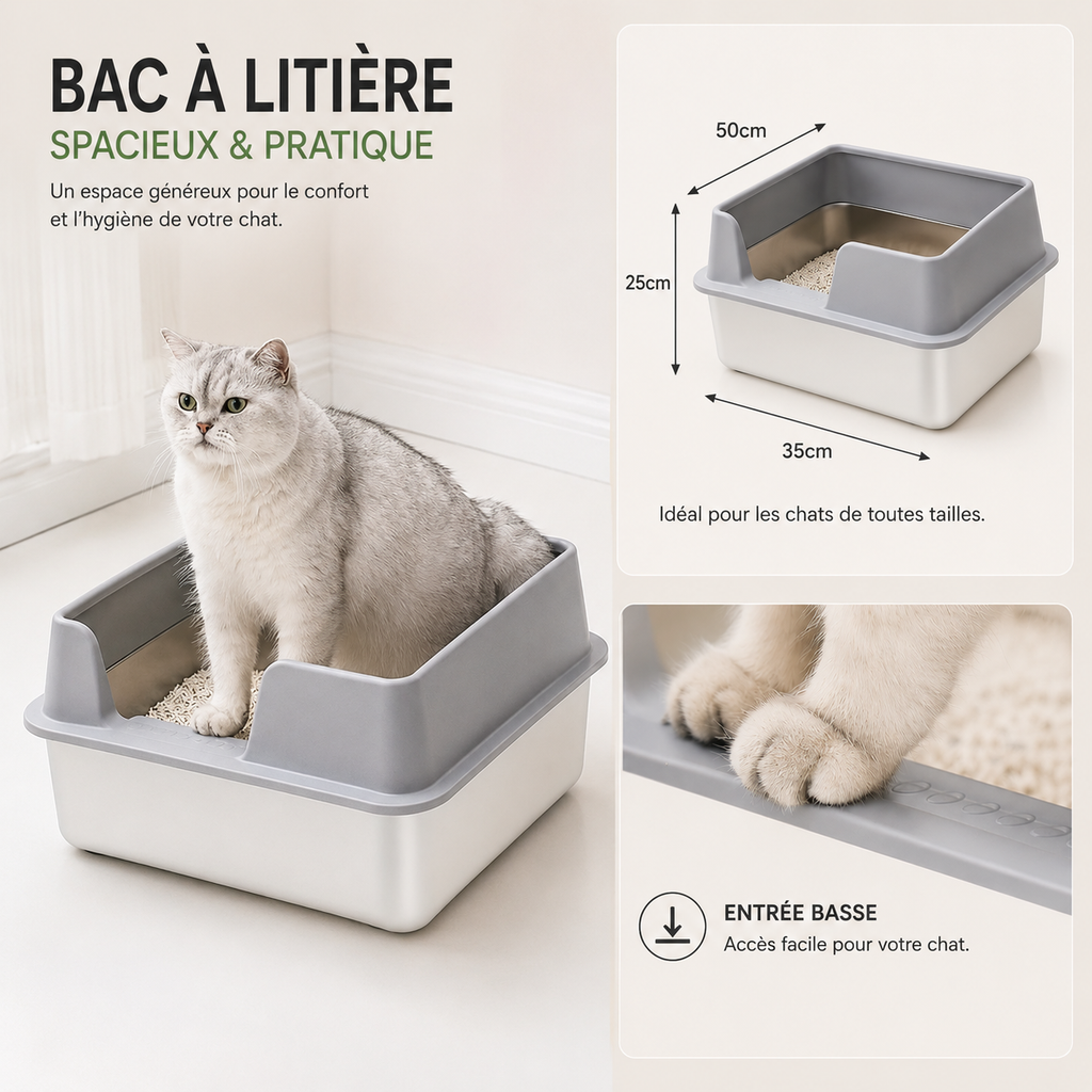 Bac à Litière Chat Inox Rebords Hauts Amovibles