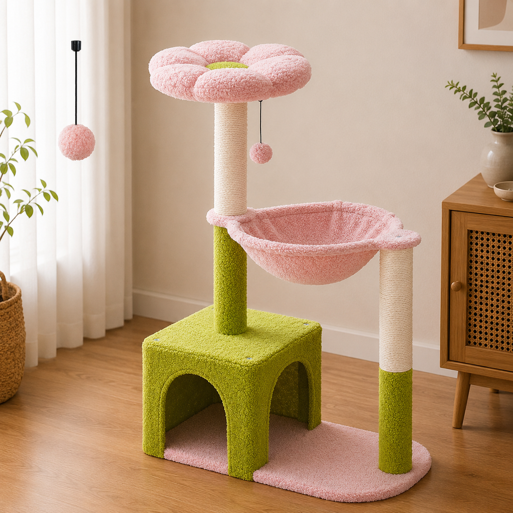 Arbre à Chat Fleur Vert et Rose avec Niche