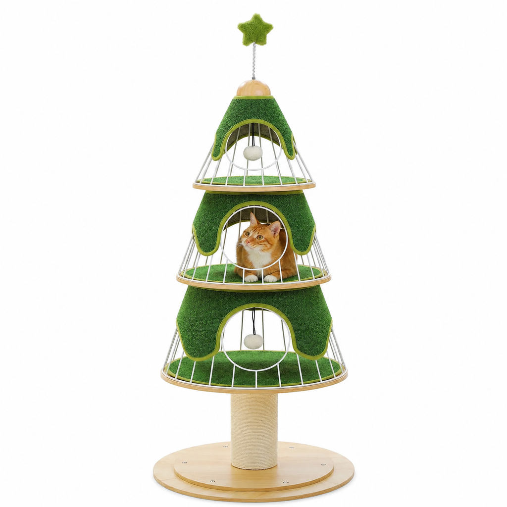 Arbre à Chat Sapin de Noël à Trois Niveaux