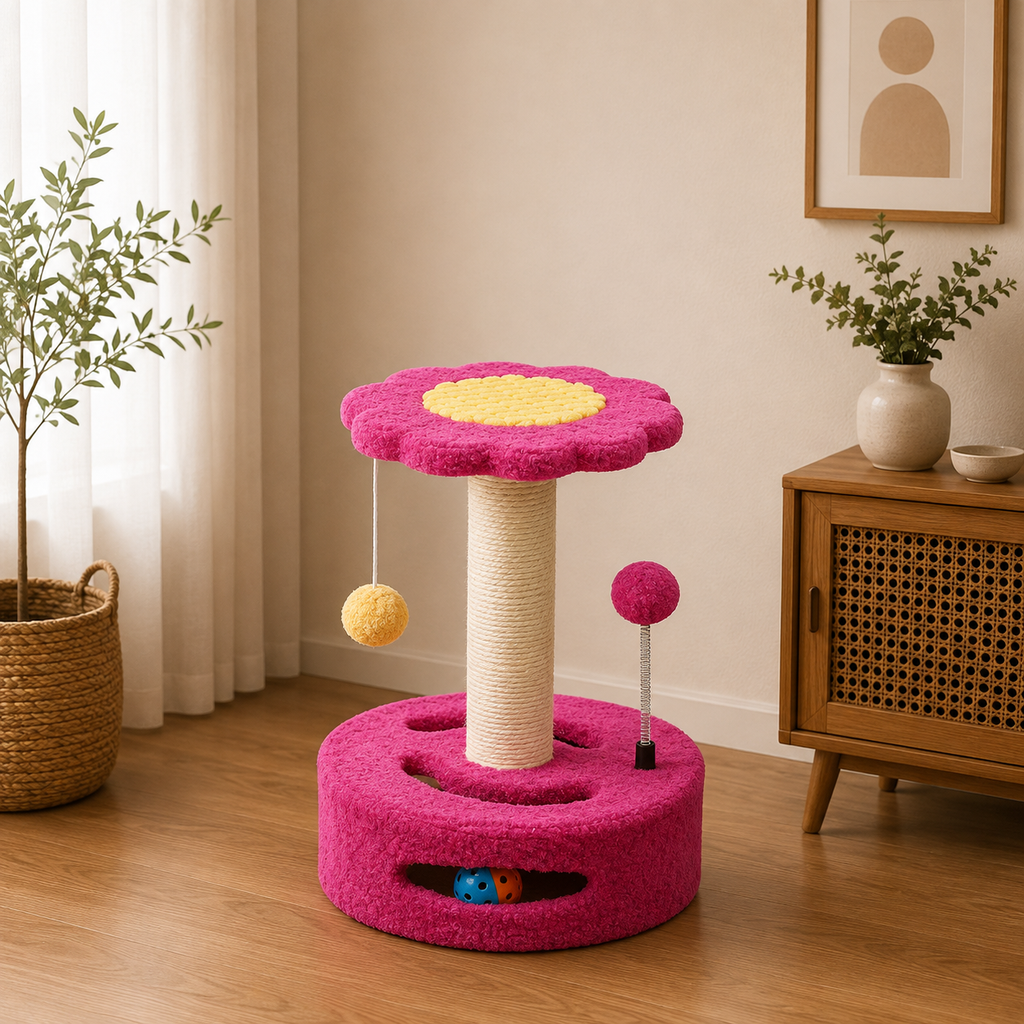 Arbre à Chat Fleur Rose avec Circuit à Balle