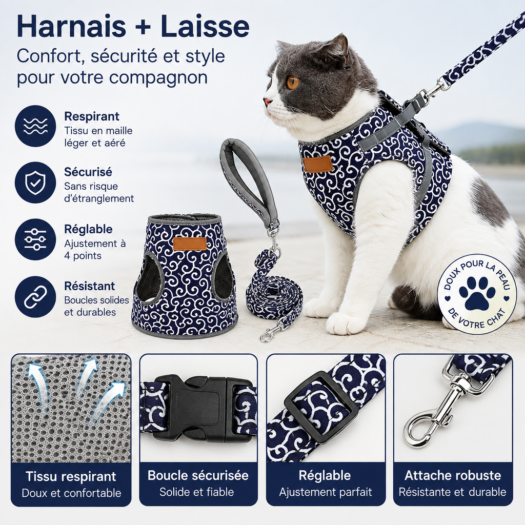 Harnais et Laisse pour Chat à Déclic Rapide