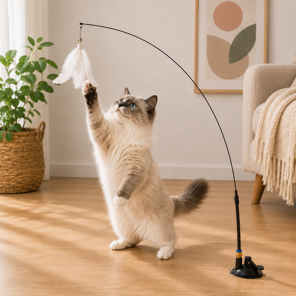 Jouet pour Chat Baguette Plumes Ventouse Mains Libres