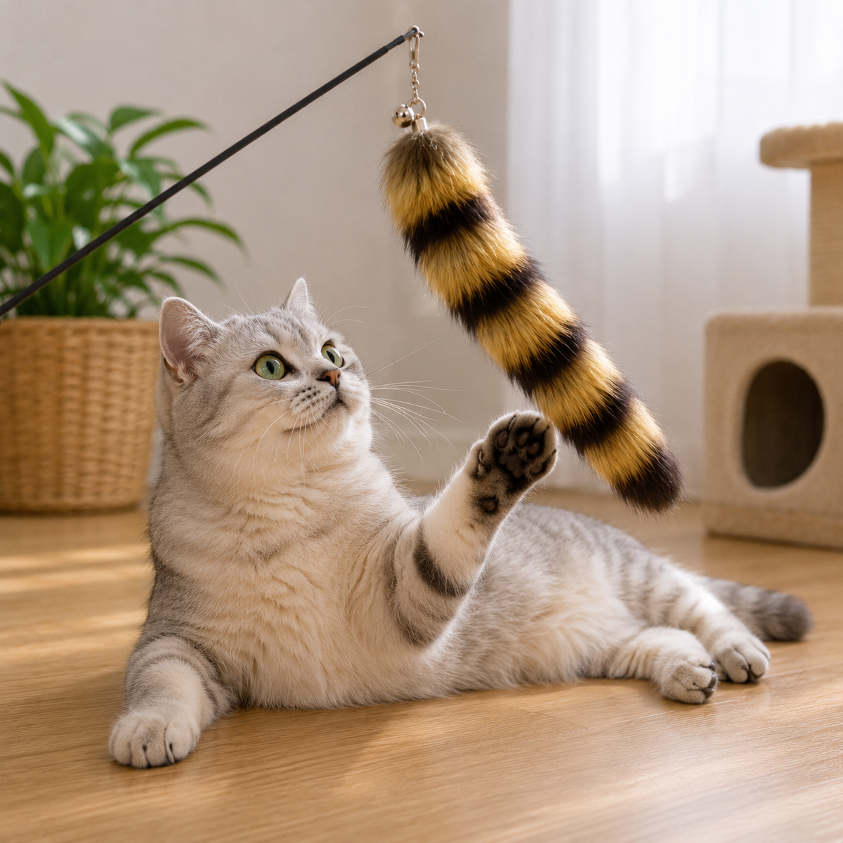 Jouet pour Chat Baguette Plumes Queue de Renard Grelot