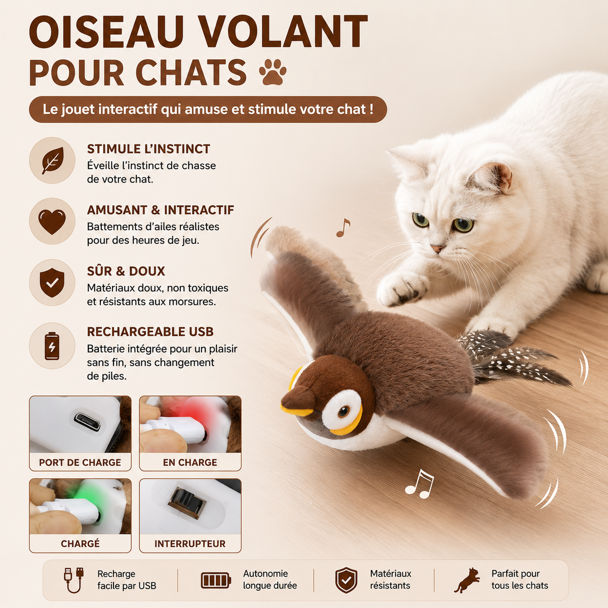 Jouet pour Chat Oiseau Interactif Rechargeable qui Chante