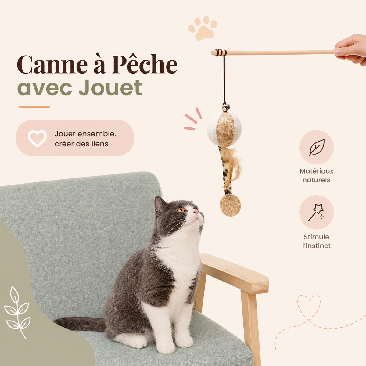 Jouet pour Chat Baguette Plumes Colorées Bois Interactif