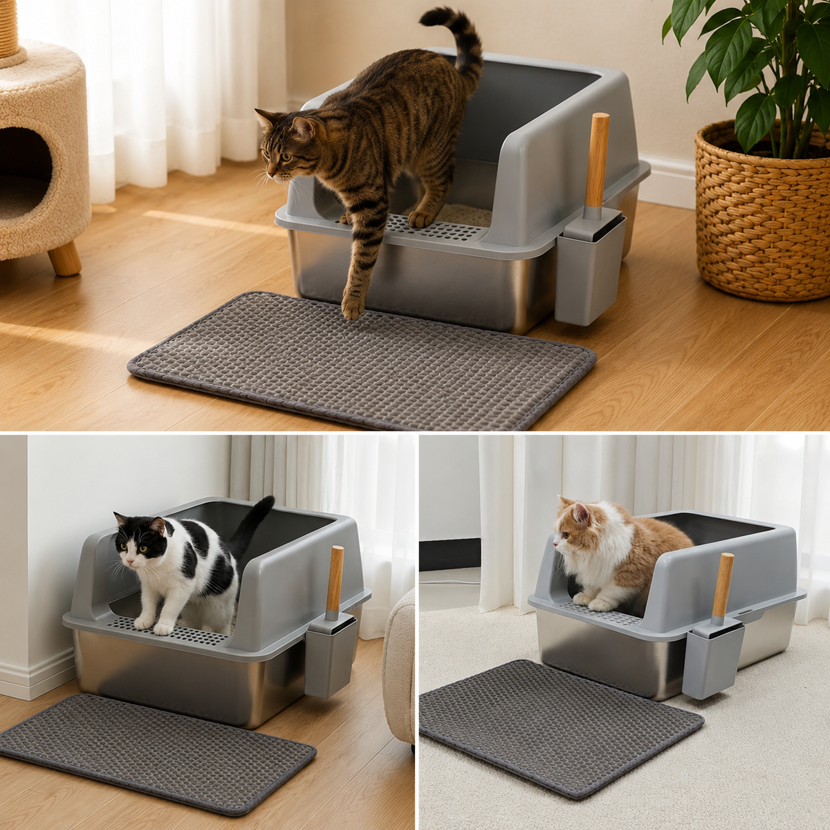Large Stainless Steel Cat Litter Box High Sided Open Litter Pan with Litter Mat and Scoop for Big Cats Toilets