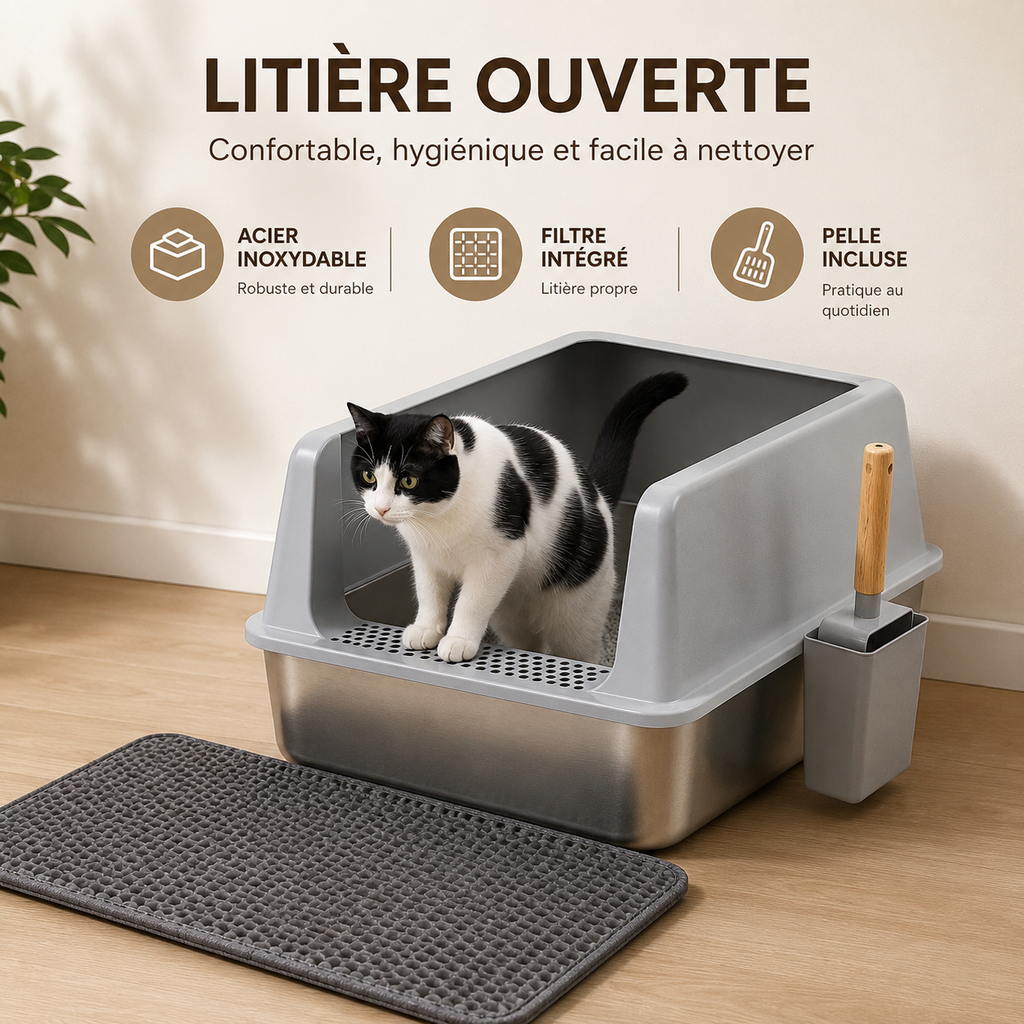 Bac à Litière Chat XXL en Acier Inoxydable avec Tapis et Pelle
