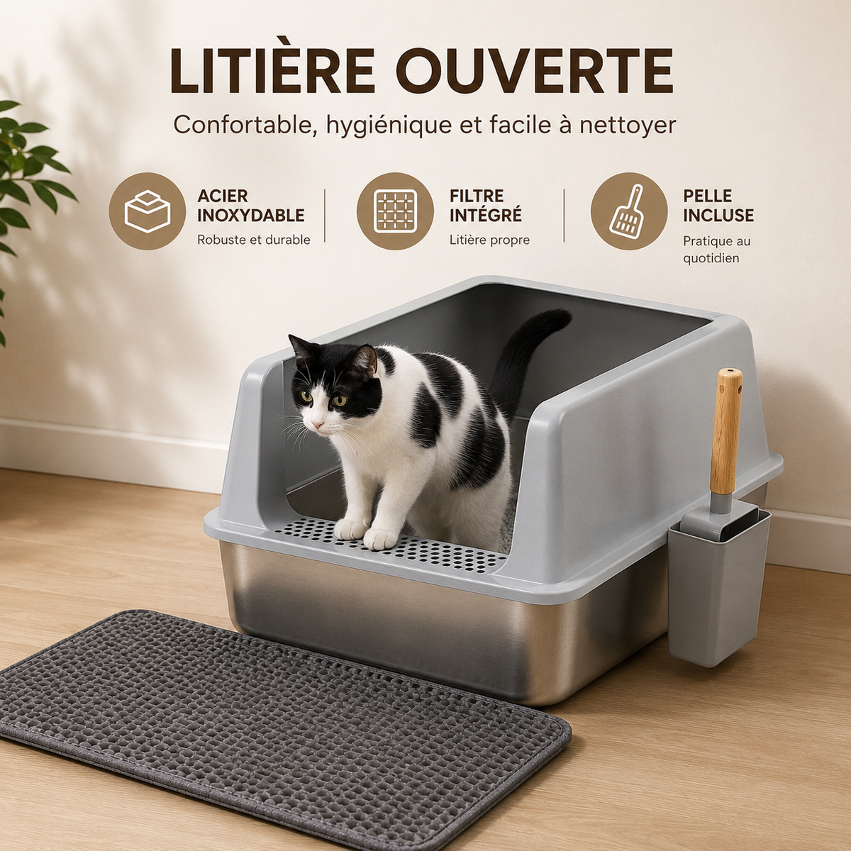 Large Stainless Steel Cat Litter Box High Sided Open Litter Pan with Litter Mat and Scoop for Big Cats Toilets