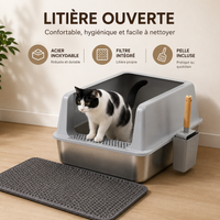 Bac à Litière Chat XXL en Acier Inoxydable avec Tapis et Pelle