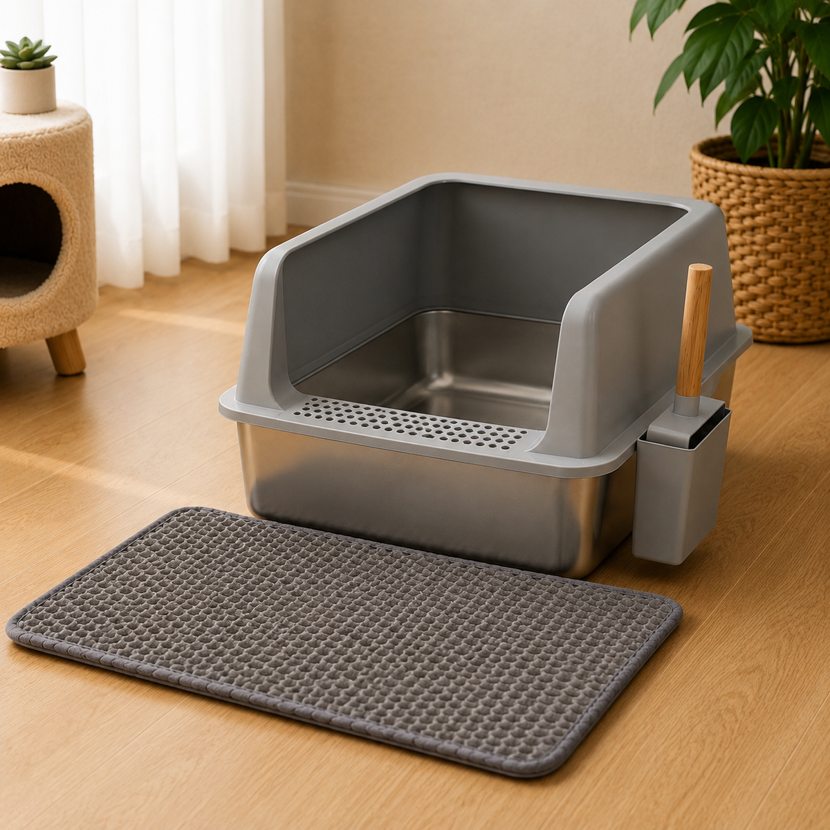 Large Stainless Steel Cat Litter Box High Sided Open Litter Pan with Litter Mat and Scoop for Big Cats Toilets