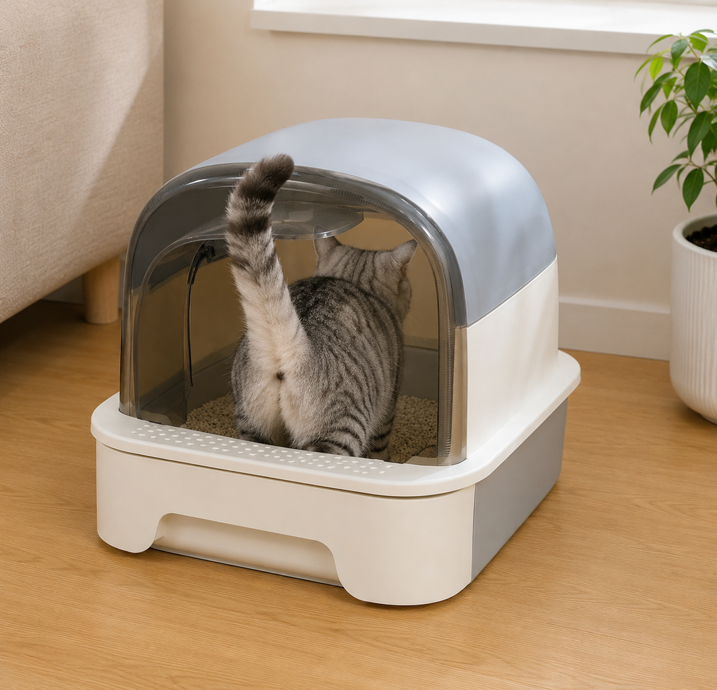 Maison de Litière Chat Fermée avec Tiroir et Porte Battante