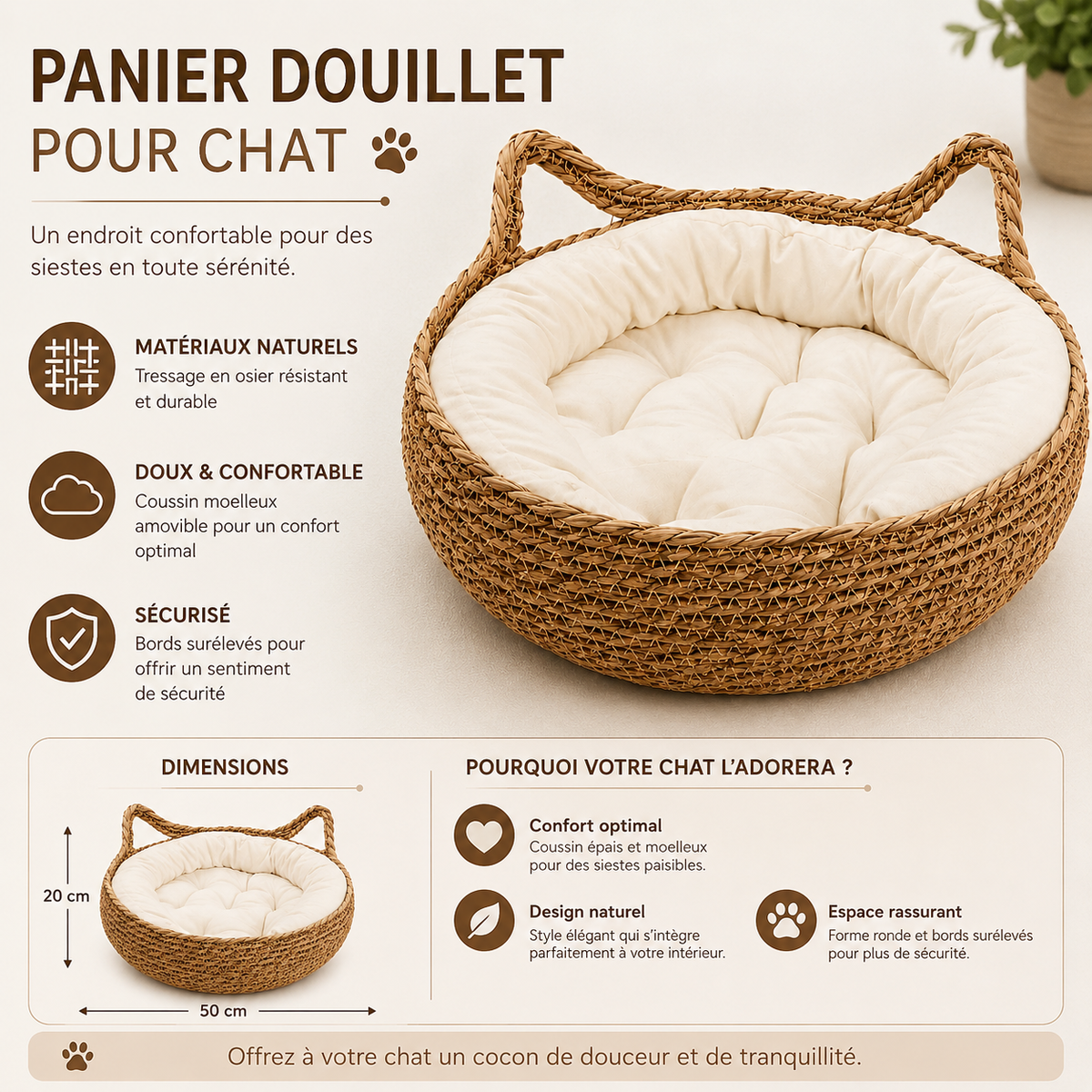 Panier Chat en Osier Rond avec Coussin Douillet