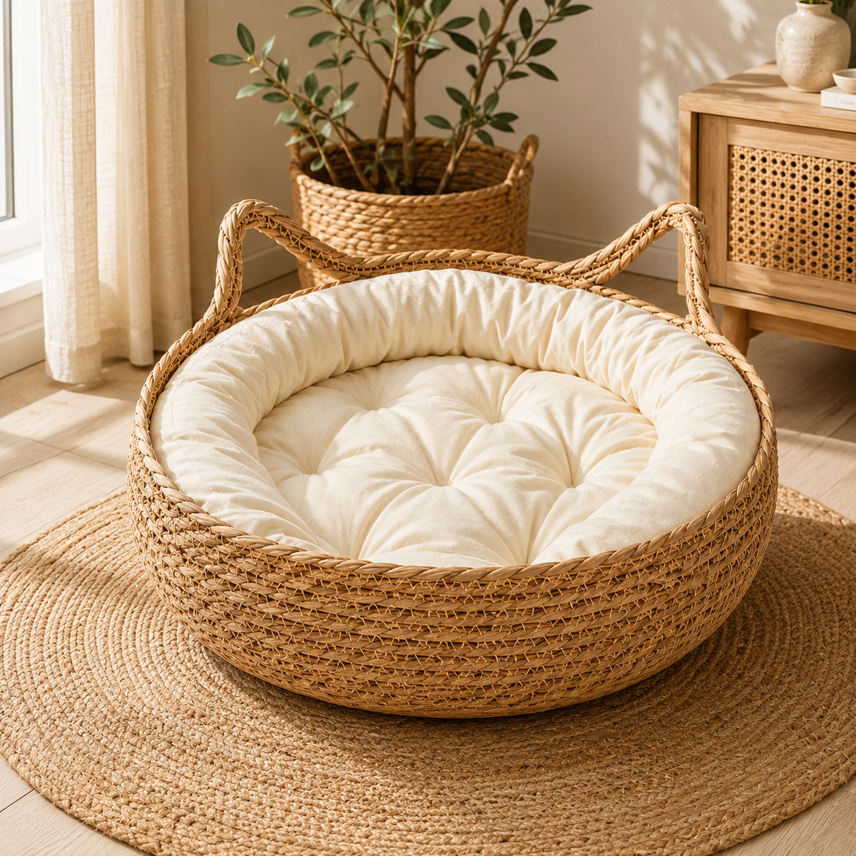 Panier Chat en Osier Rond avec Coussin Douillet