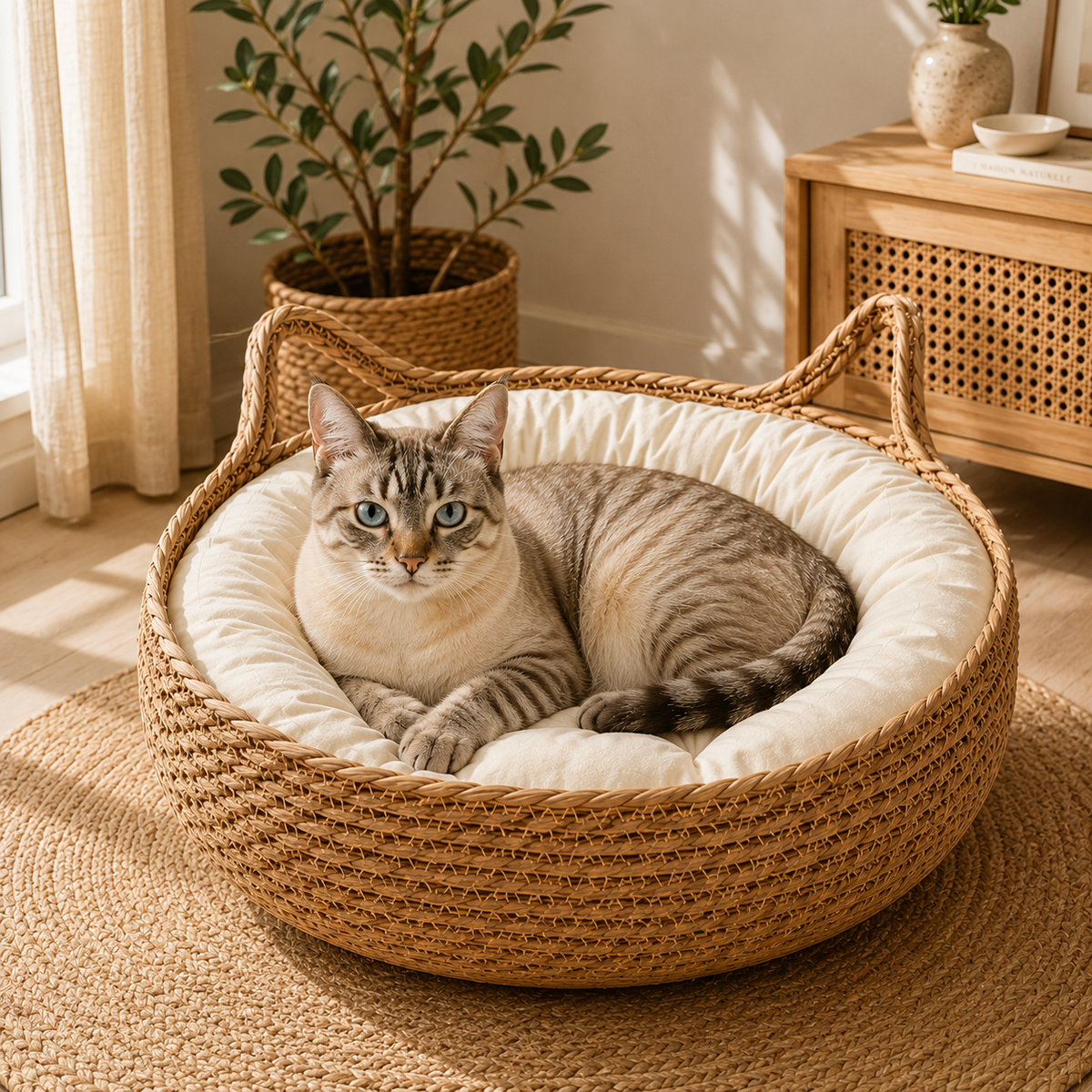 Panier Chat en Osier Rond avec Coussin Douillet