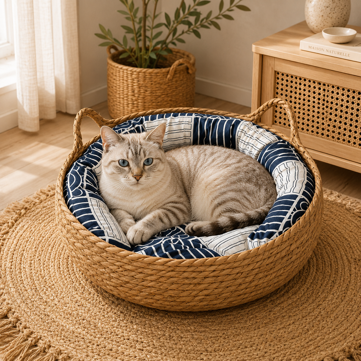 Panier Chat en Osier Rond avec Coussin Douillet