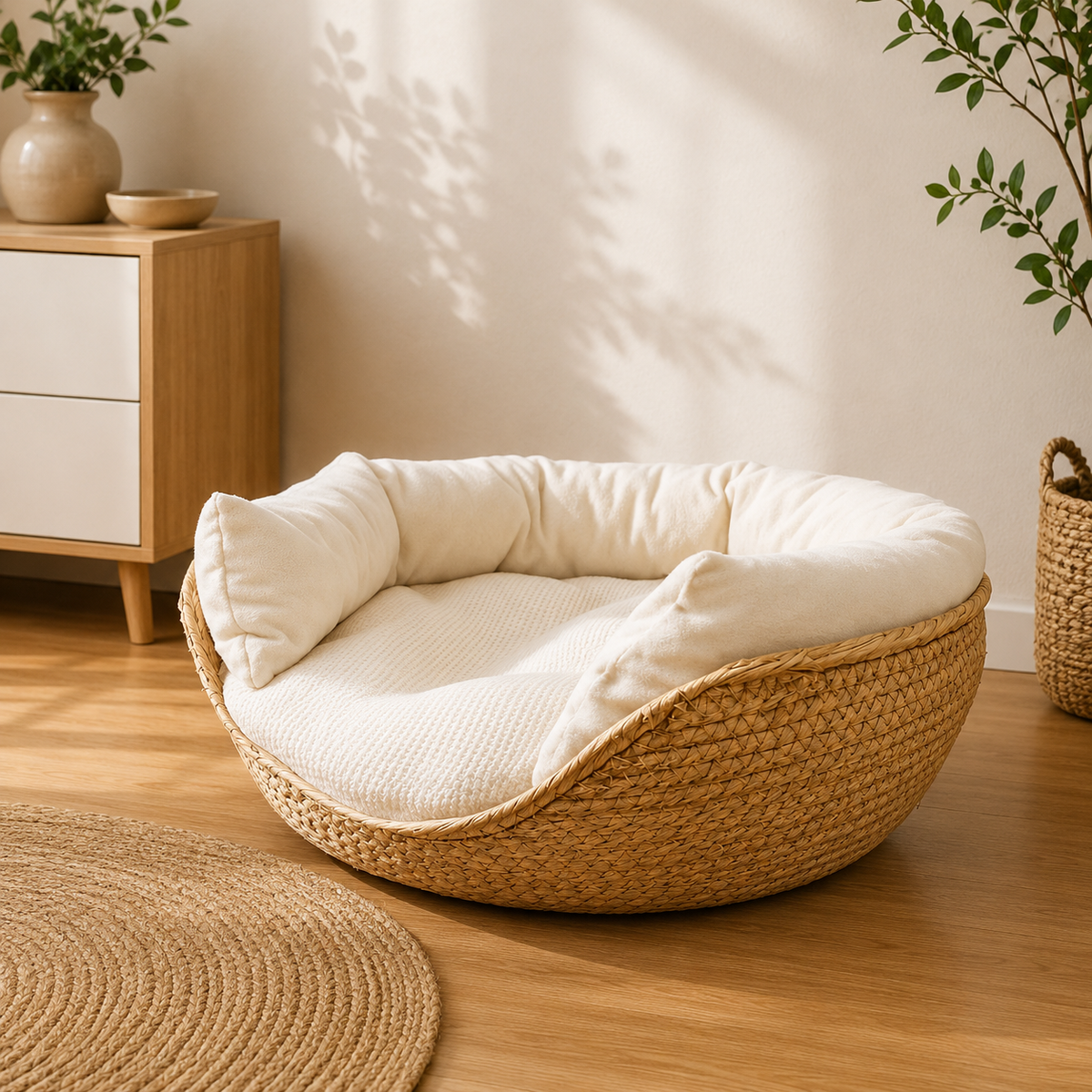 Panier Chat Rond en Osier Naturel