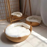 Bamboo Weaving Cat Bed Sofa House - Eco-Friendly Warm Pet Nest for Indoor Cats, Small Medium Cat Furniture Pet Sleeping Supplies
