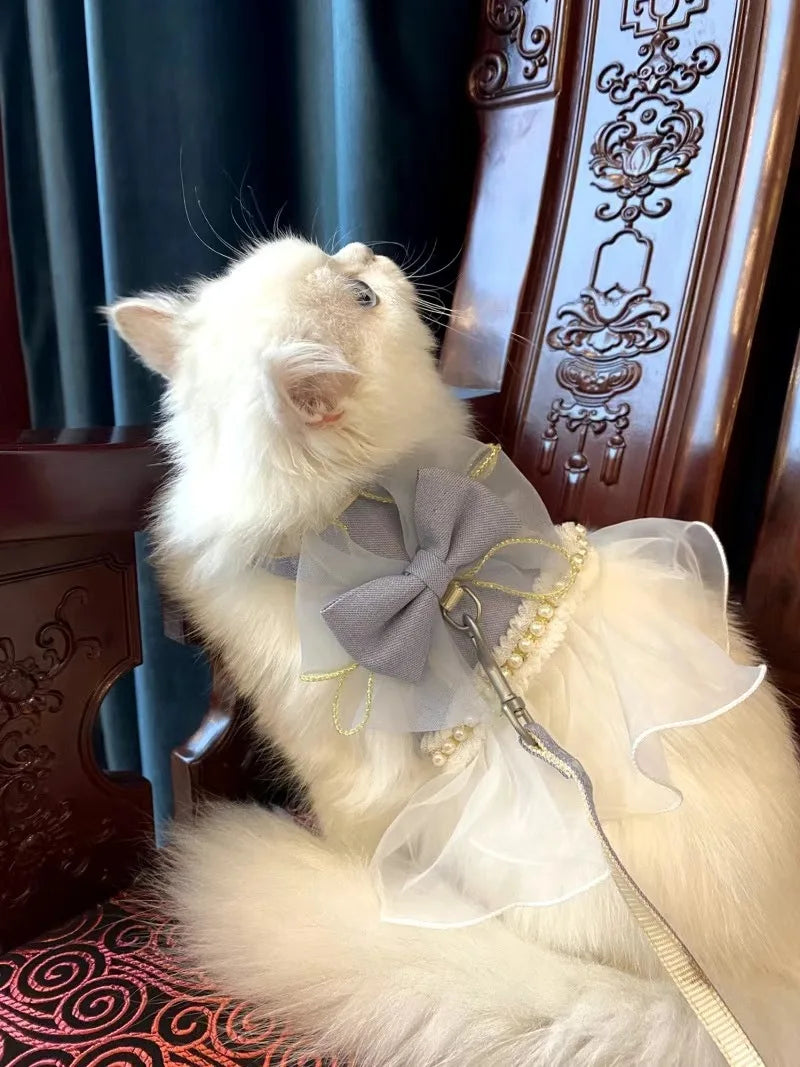 Cute Bowknot Pet Harness Leash Princess Cat Dress Costumes Nylon Kittten Dress Puppy Harness For Rabbit Teddy Cats Clothes
