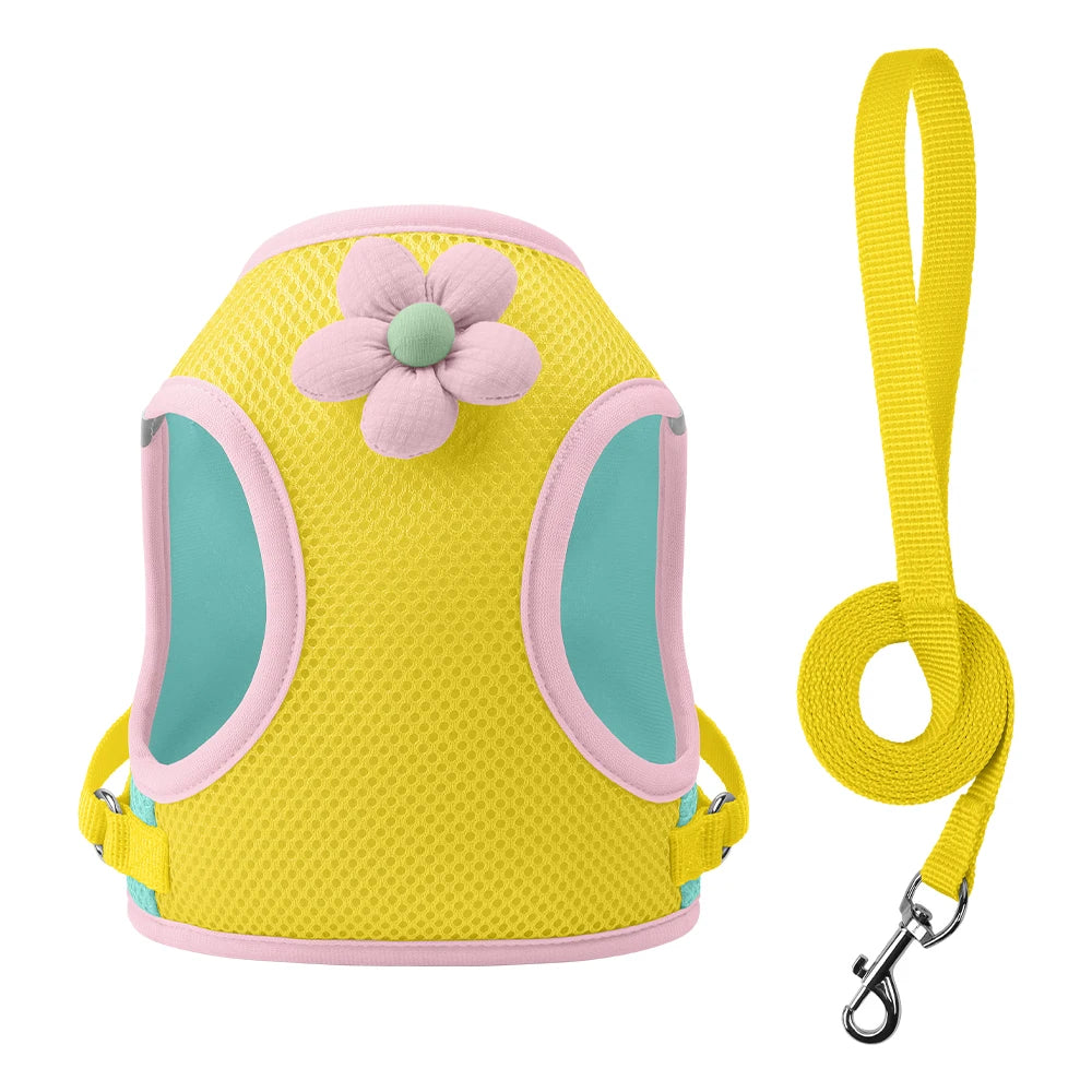 Mesh Harness Small Dog Lead Walking Flower Outdoor Reflective Vest-style Harness Color-blocked Breathable Pet Harness Leash