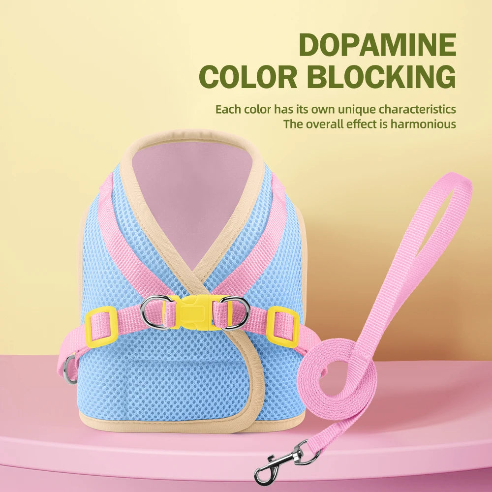Mesh Harness Small Dog Lead Walking Flower Outdoor Reflective Vest-style Harness Color-blocked Breathable Pet Harness Leash