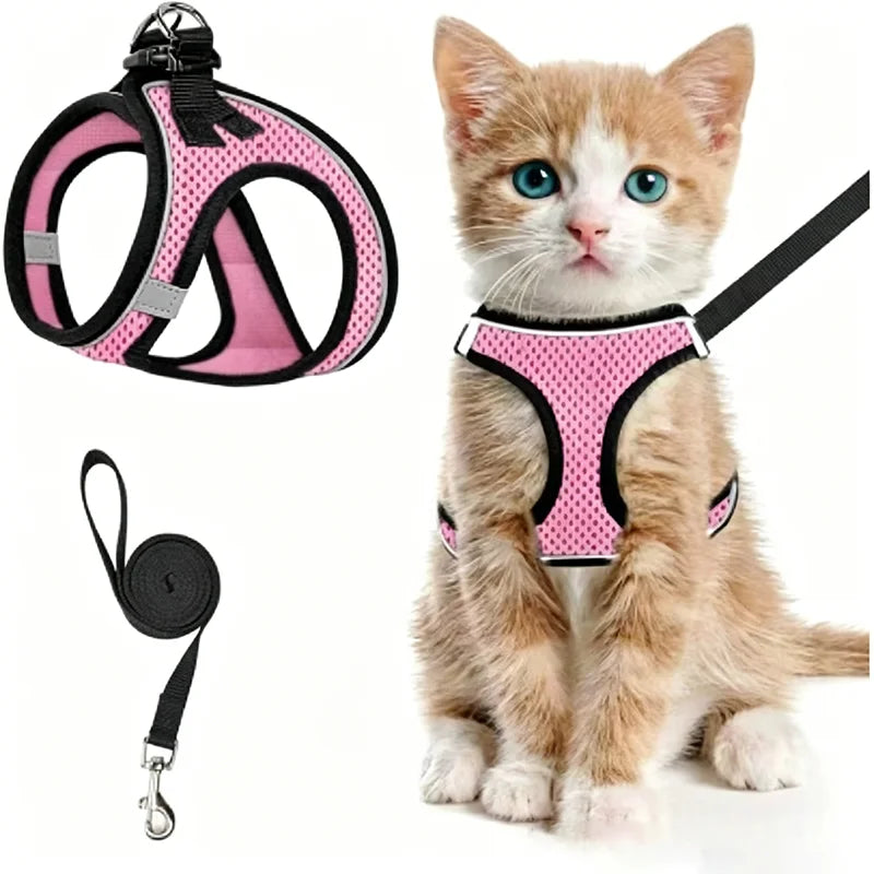 2pcs Anti-escape cat harness and leash set with reflective soft net vest, suitable for safe outdoor activities with kittens