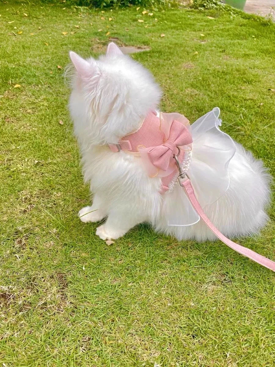 Cute Bowknot Pet Harness Leash Princess Cat Dress Costumes Nylon Kittten Dress Puppy Harness For Rabbit Teddy Cats Clothes