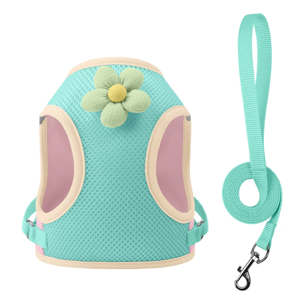 Mesh Harness Small Dog Lead Walking Flower Outdoor Reflective Vest-style Harness Color-blocked Breathable Pet Harness Leash