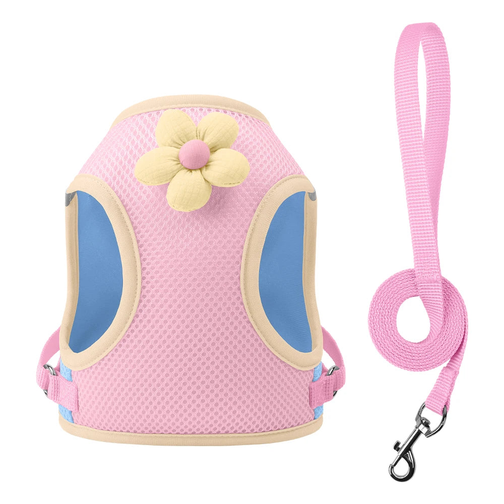 Mesh Harness Small Dog Lead Walking Flower Outdoor Reflective Vest-style Harness Color-blocked Breathable Pet Harness Leash